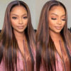 Glueless Chestnut Brown Highlights Bone Straight 13x4 Frontal HD Lace Wig 100% Human Hair 26"